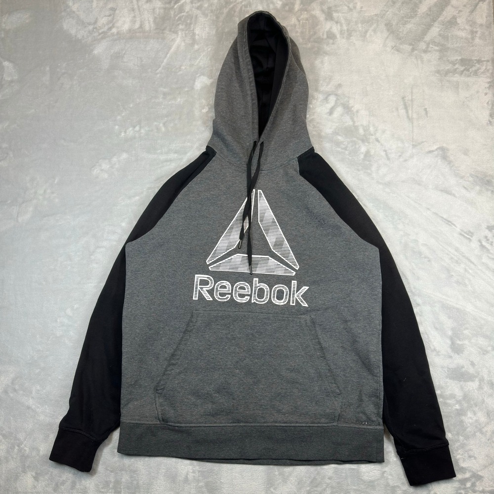 Reebok Hoodie Mens L Grey Black Delta Logo Pullover Raglan Fleece Sweatshirt